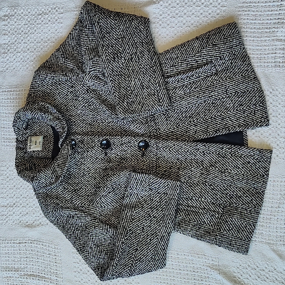 Old Navy Ruffle Collar Black Tweed Jacket Size Medium Warm Winter